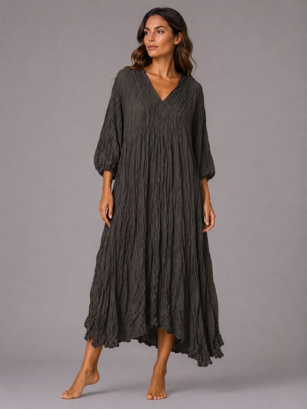 NEW Brown Cotton Boho Maxi Dress Oversized Relaxed Fit with Pockets Thailand